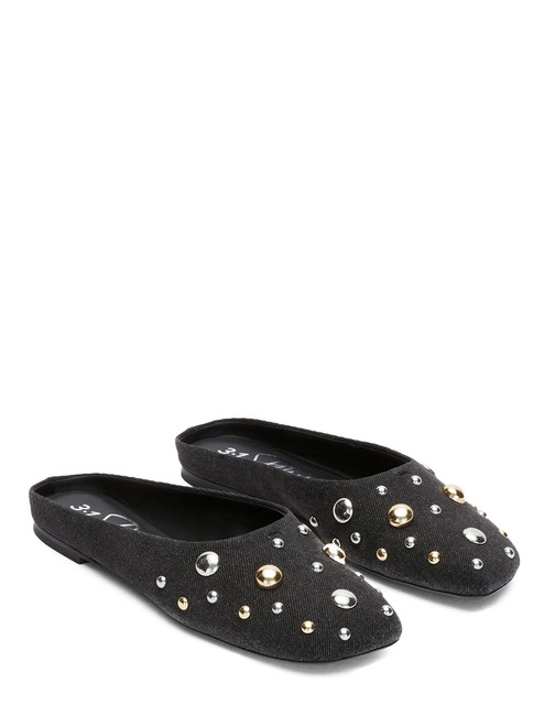 3.1 PHILLIP LIM ID Mule Flat in Black with Dome Embellishment Front Side View 