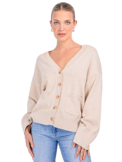 MINNIE ROSE Luxe Cotton Blend V Neck Cardigan in Wheat Front View 1