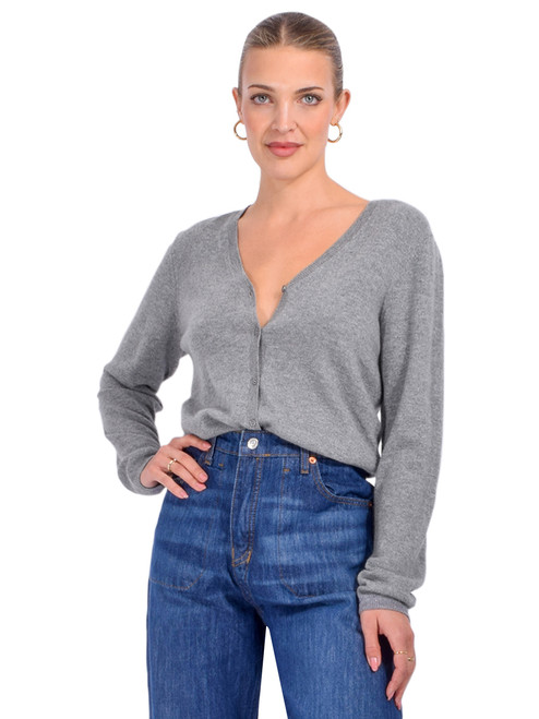 FRAME Cashmere V Cardigan in Gray Front View 
