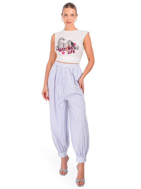 CINQ À SEPT Leo Stripe Verne Pants in White/Blue Full Outfit 