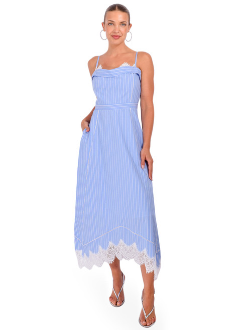 SIMKHAI Avaleigh Cotton Midi Dress in Oxford Blue Stripe Front View 1