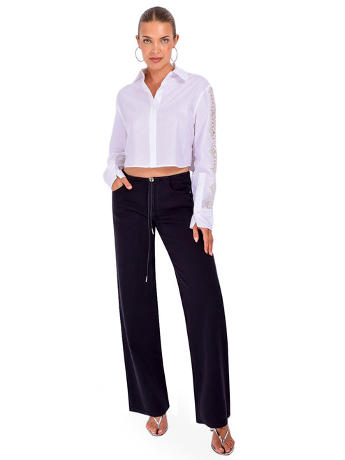 SIMKHAI Renata Cropped Shirt with Lace Detail in White Full Outfit 
