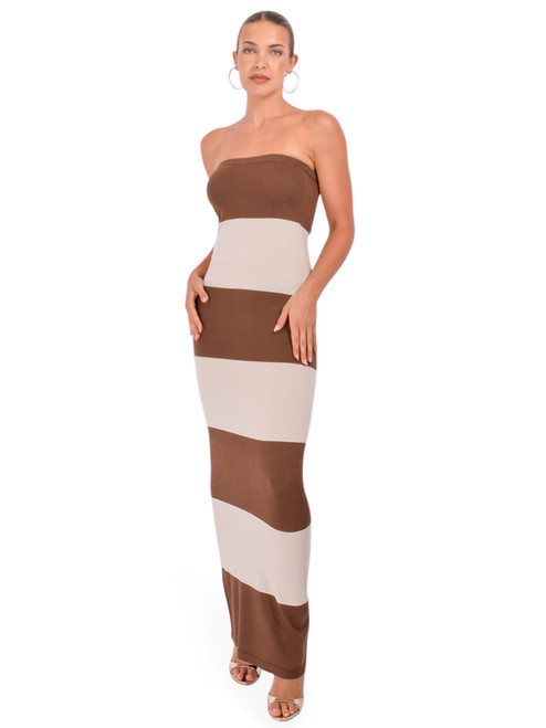 SER.O.YA Carrie Knit Maxi Dress in Brown Stripe Front View 2