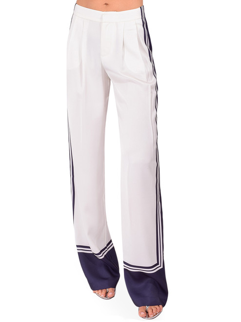 SER.O.YA Marlowe Satin Pant in White & Navy Front View 