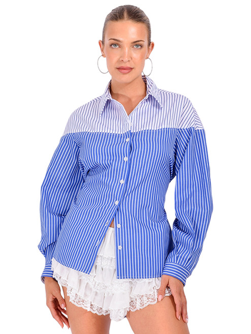 THEO Echo Mix Stripe Colorblock Shirt in Blue Front View 