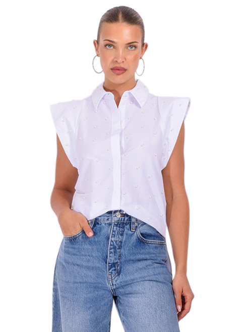 THEO Astraea Sleeveless Embellished Shirt in White