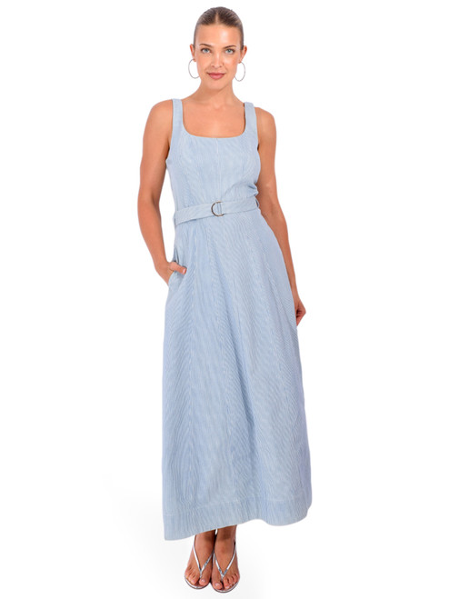 KARINA GRIMALDI Lilliana Midi Dress in Striped Denim Front View 1