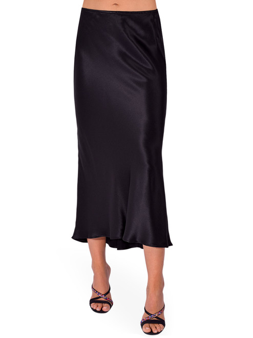 STAVII Silk Bias Midi Skirt in Black Front View 