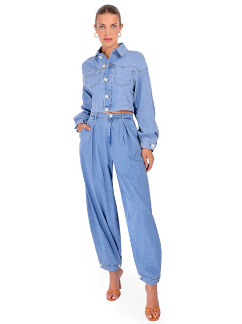 L'AGENCE Elias High Rise Convertible Pant in Oxnard Blue Full Outfit 

