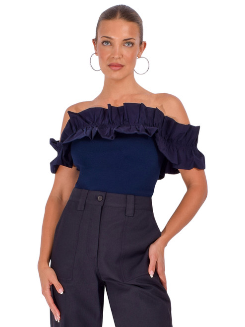 ESSENTIEL ANTWERP Jaqua Knitted Top in Dark Blue Front View 
