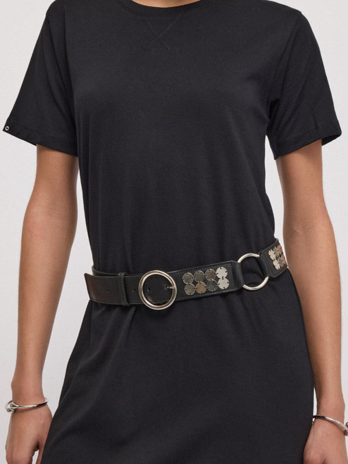 OTTOD'AME Leather Belt with Mirror Embellishment in Black on Model

