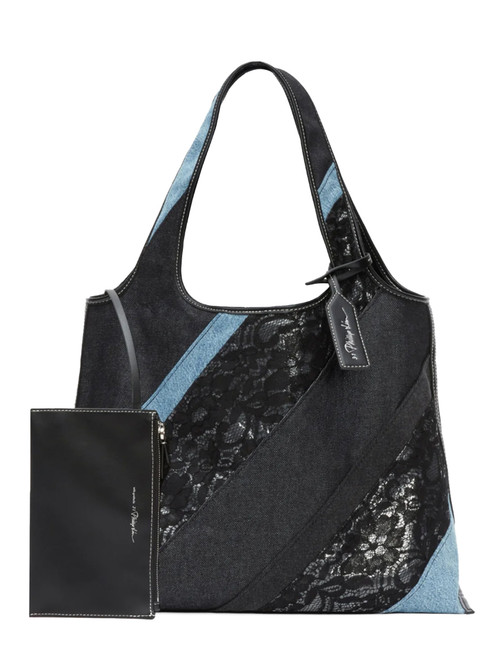 3.1 Phillip Lim Lace Patchwork Denim Market Tote in Black Multi Front View with Inside Bag