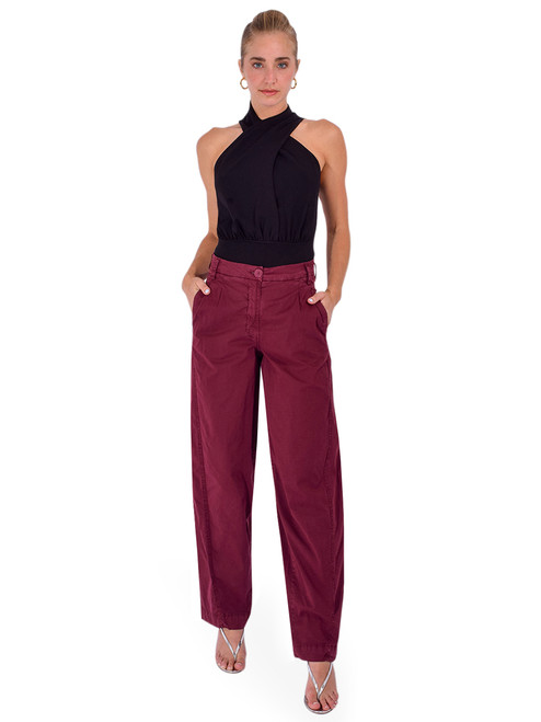 ESSENTIEL ANTWERP Kurry Barrel Leg Pant in Deep Wine Full Outfit 
