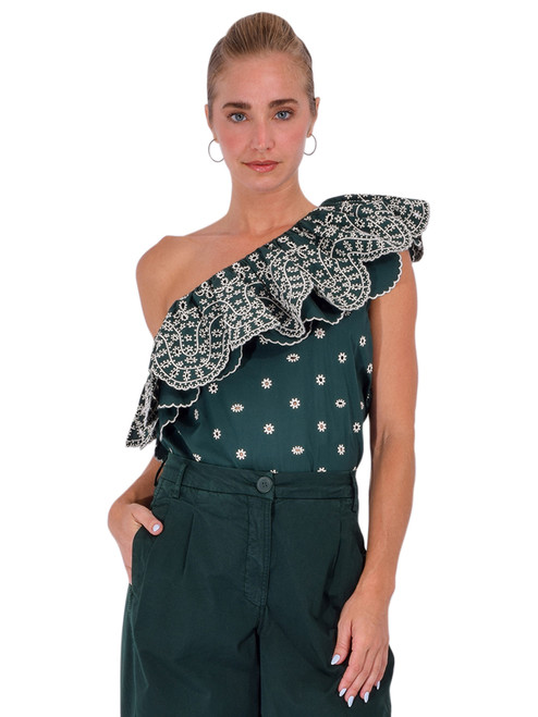 ESSENTIEL ANTWERP Kath Scallop Edge Top in Green Front View 