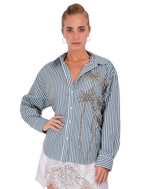 ESSENTIEL ANTWERP Kasper Sequin Palm Tree Shirt in Green Front View