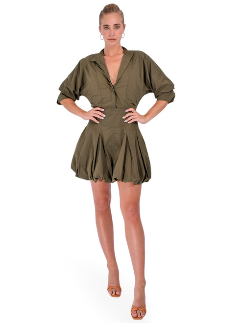 SIMKHAI Effie Bubble Mini Dress in Green Front View 2