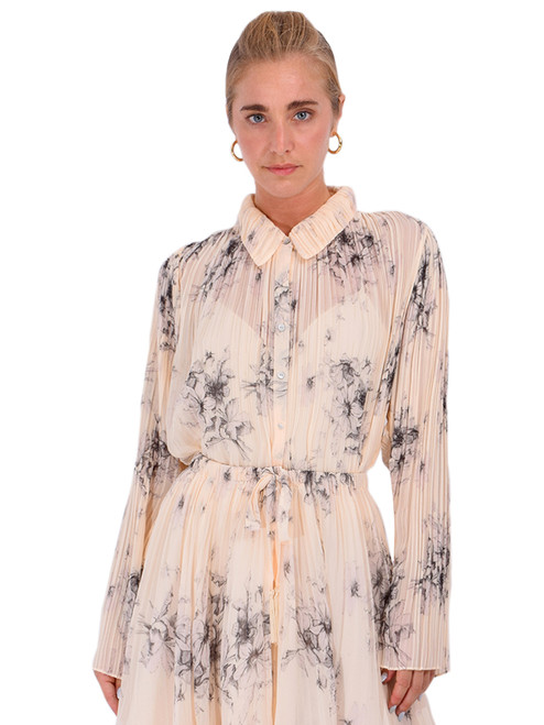 CINQ À SEPT Hand Sketched Floral Delaine Top in Gardenia/Black Front View 