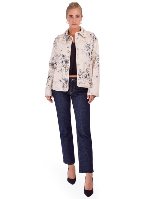 CINQ À SEPT Hand Sketched Floral Alexa Jacket in Gardenia/ Black Full Outfit 