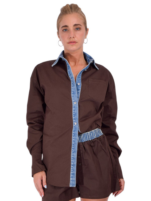 SER.O.YA Gill Oversized Shirt in Brown Front View 