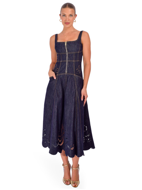 SELF-PORTRAIT Denim Bow Embroidered Midi Dress in Indigo Front View 1
