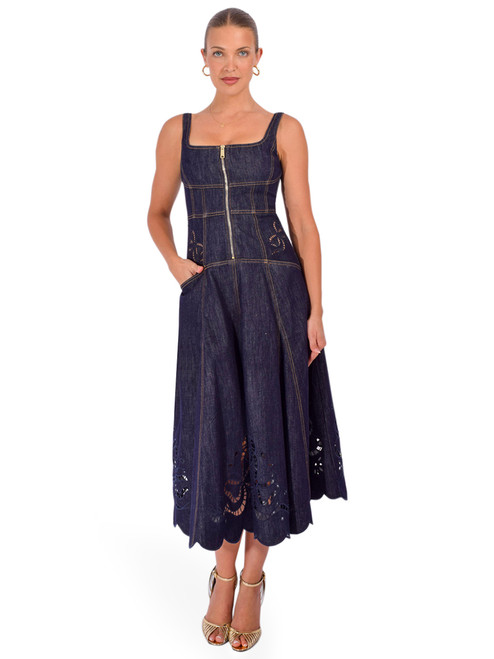 SELF-PORTRAIT Denim Bow Embroidered Midi Dress in Indigo Front View 2