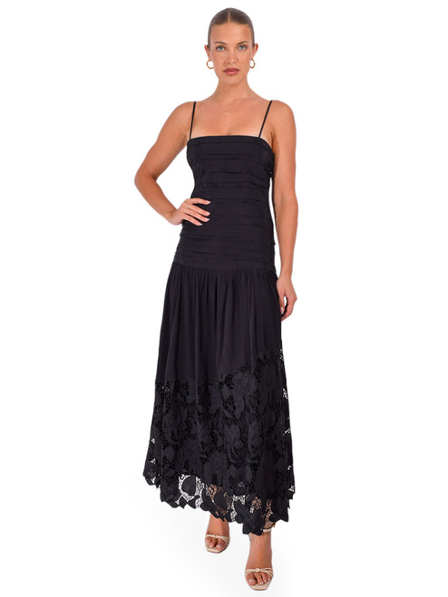 HEMANT & NANDITA Ziva Ruched Midi Dress in Black Front View 1