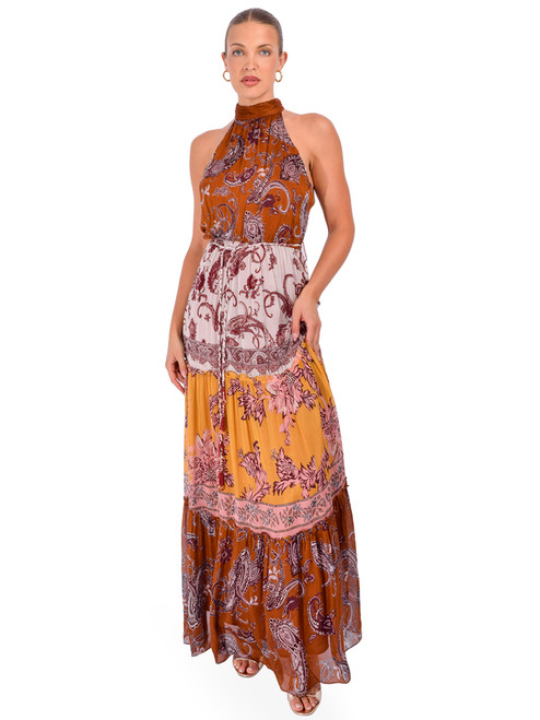 HEMANT & NANDITA Faria Halter Maxi Dress in Brown Multi Front View 2
