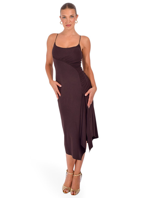 STAVII Shirred Jersey Cami Dress in Chocolate Brown Front View 2