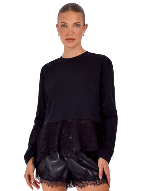 3.1 Phillip Lim Mixed Media Long Sleeve Tee in Black Front View 