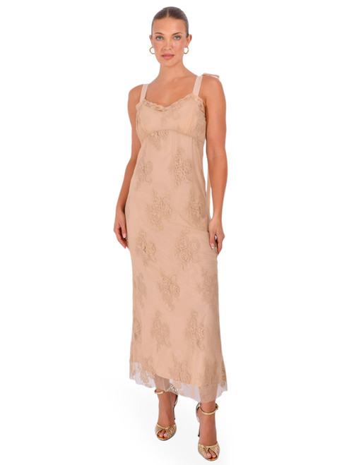 OTTOD'AME Sheer Lace Dress with Tie Straps in Toast Front View 1