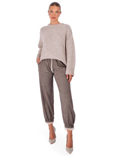 OTTOD'AME Jogger Pants with Lace Trim in Plaid Full Outfit 