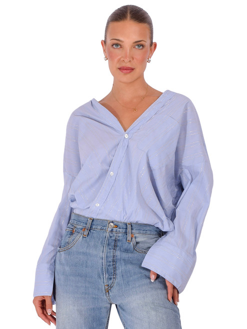 CISSA Lurex Sliver Stripe Top in Blue Front View 