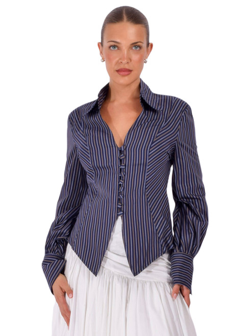 BY LOUIS INC. Sexy V-Neck Shirt in Blue Stripe Multi Front View 