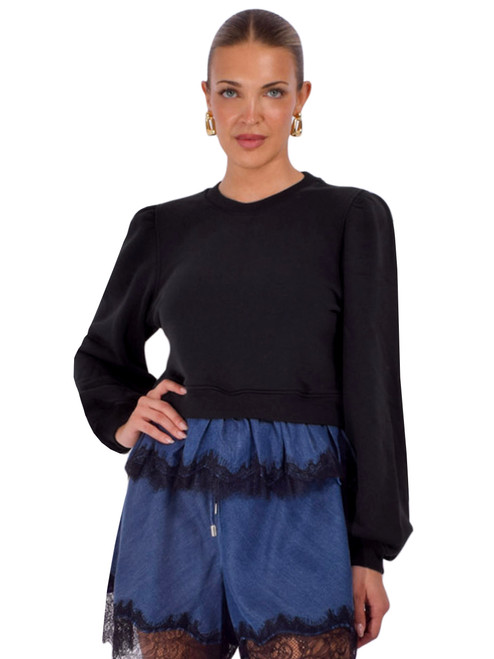 CINQ À SEPT Mabel Pullover in Black/ Denim Lace Front View 