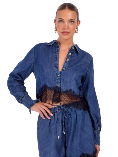 CINQ À SEPT Greta Top in Black/ Denim Front View 