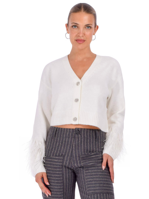 CINQ À SEPT Briana Feather Cardigan in Ivory Front View 