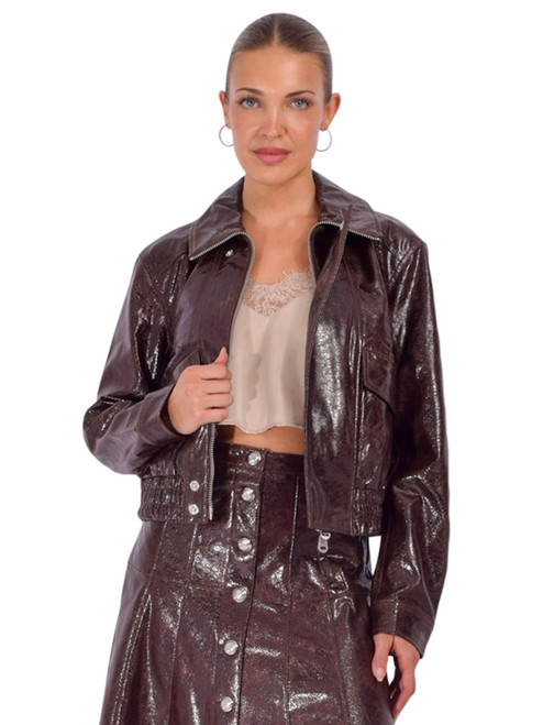 CINQ À SEPT Tumbled Vegan Leather Alexander Jacket in Ground Coffee Front View 