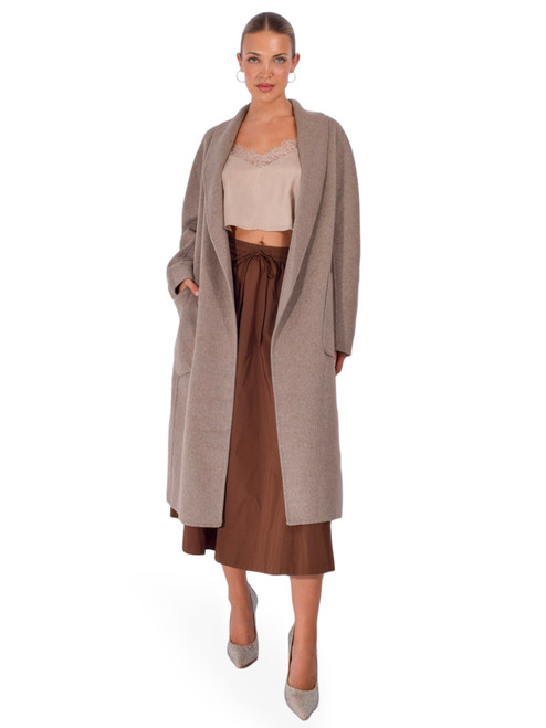 LAMARQUE Thara Long Coat in Heather Taupe Front View 2