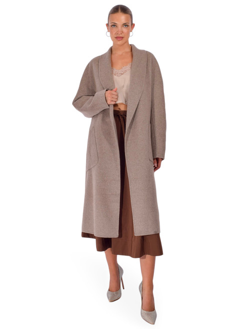 LAMARQUE Thara Long Coat in Heather Taupe Front View 1