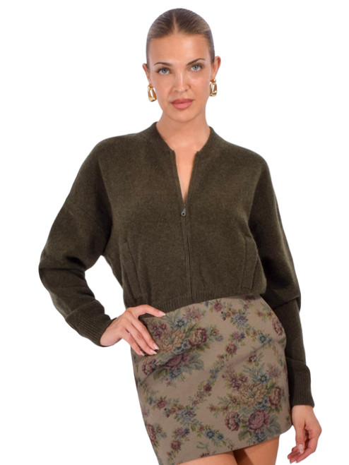 MINNIE ROSE Cashmere Cropped Bomber in Green Front View 