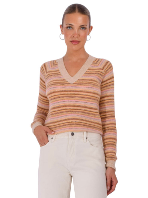 MINNIE ROSE Long Sleeve Raglan V-Neck in Warm Multi Stripe Front View 