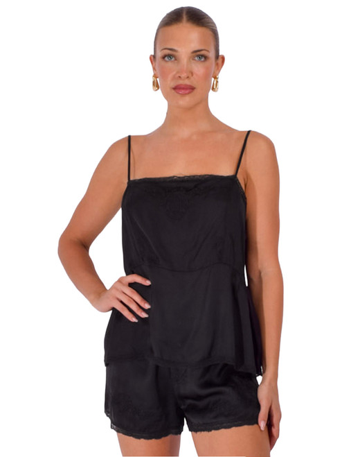 OTTOD'AME Top & Short Sleepwear Set in Black Top Front View