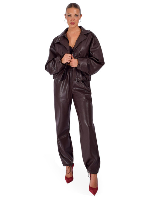 DELFI Camila Jogger in Chocolate Vegan Leather Full Outfit 