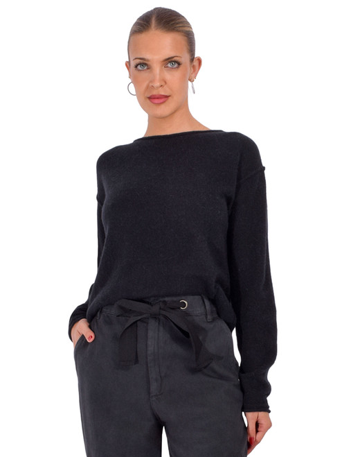 C.T. PLAGE Rolled Boat Neck Sweater in Black Front View 