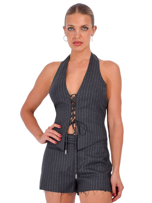 RE/DONE Quatro Top in Gray Pinstripe Front View 