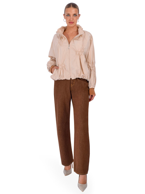 JESSIE LIU Zip Front Jumper Jacket with Drawstring on the Neck in Sand Full Outfit 