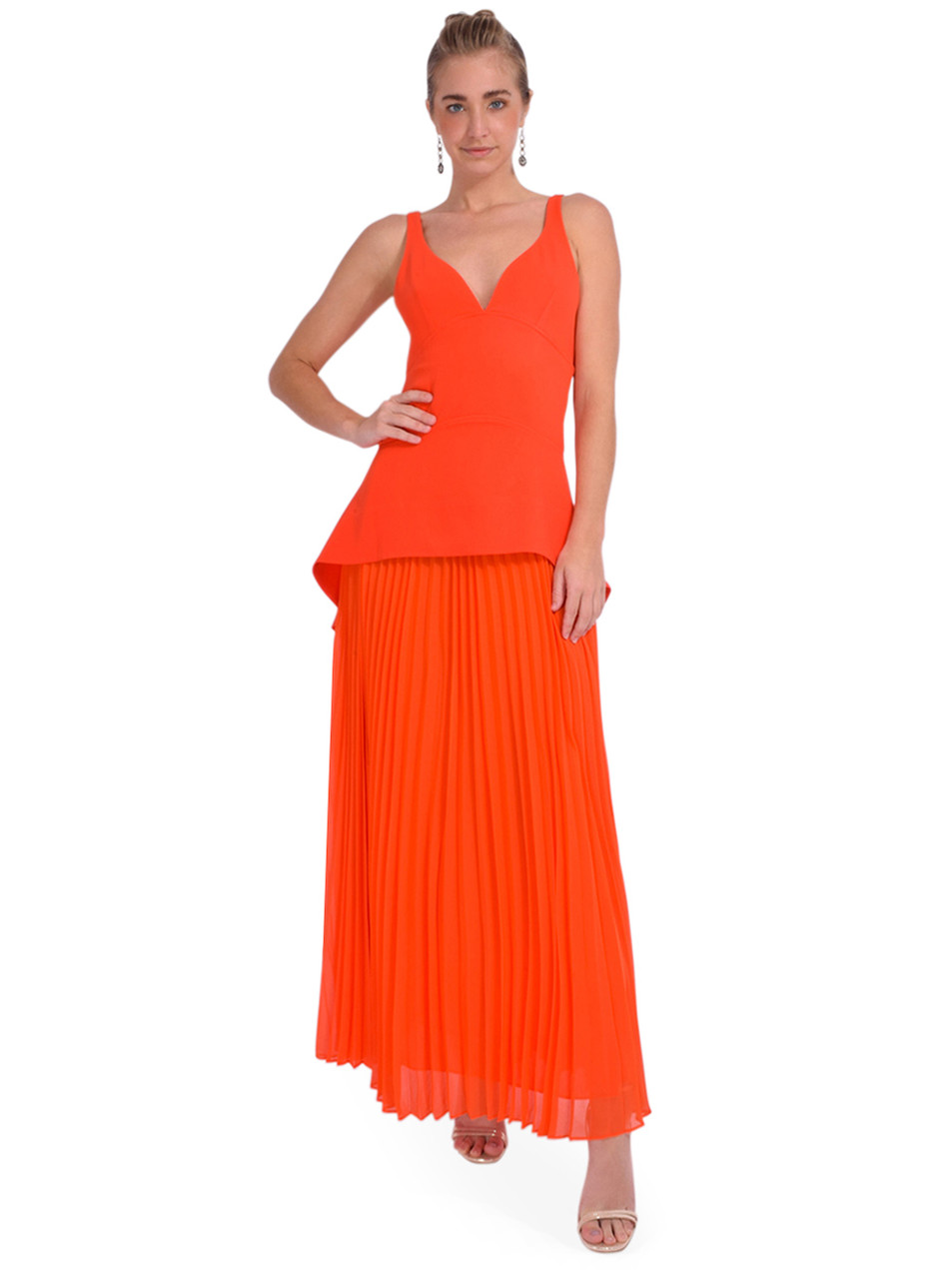 SIMKHAI Sequoia Pleated Combo Sleeveless V-Neck Midi Dress in Flame Front View 1