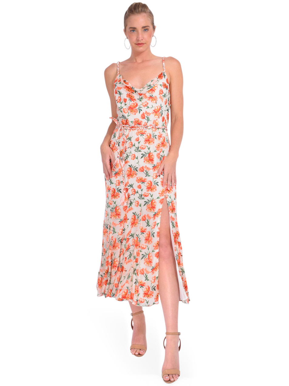 ALICE + OLIVIA Lissa Cowl Neck Godet Midi Dress in Off-White Front View 1