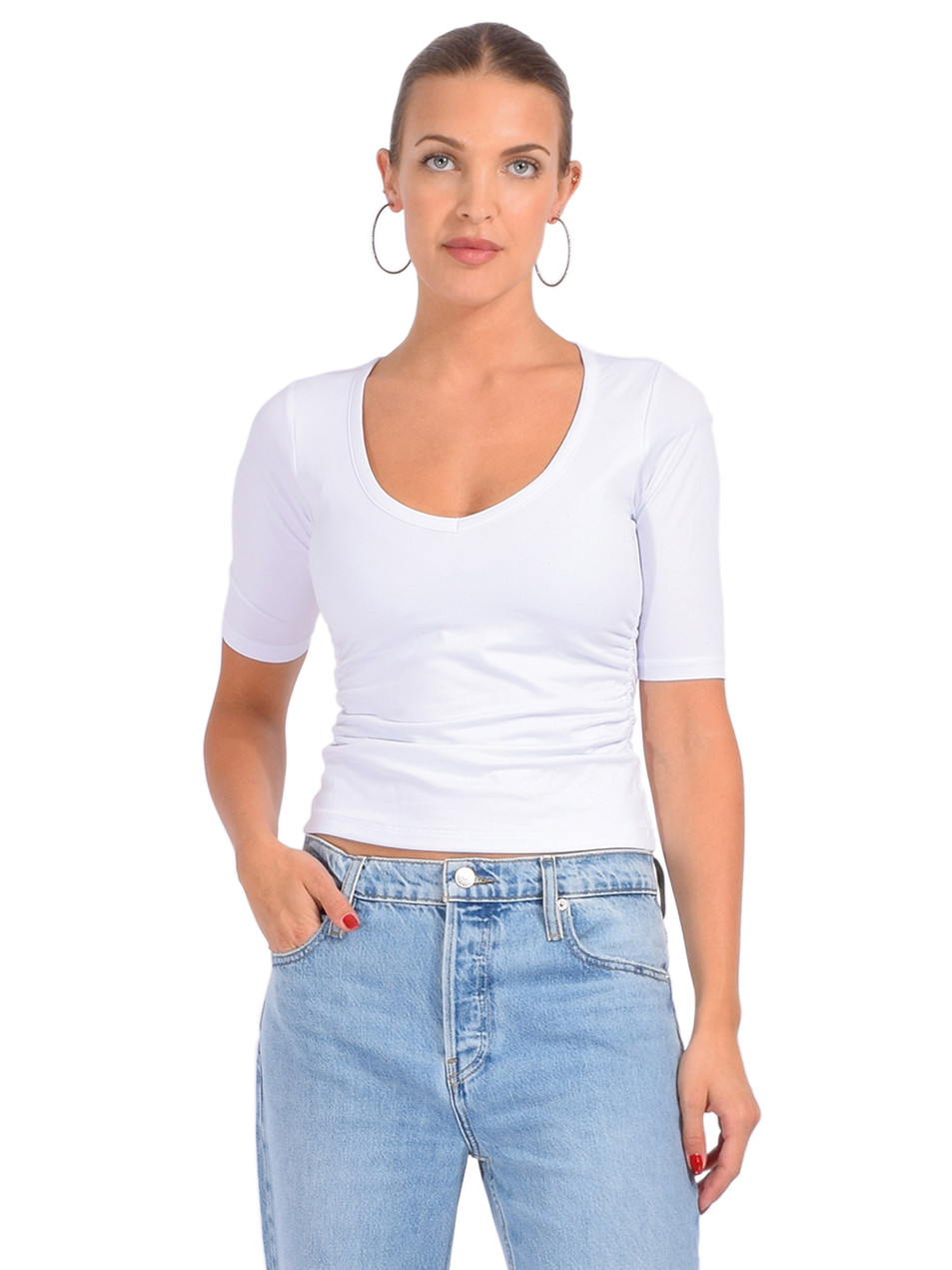 ATM Pima Cotton Elbow Sleeve V-Neck Tee in White Front View  ATM Pima Cotton Elbow Sleeve V-Neck Tee in White Front View