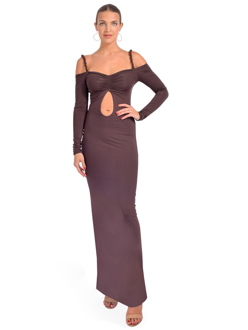 Maygel Coronel Calice Cutout Midi Dress in Brown Front View 